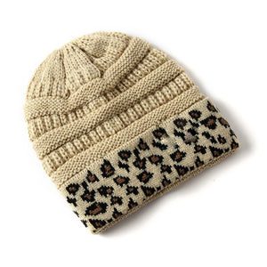 Leopard Trim Beanie Stretch Knitted Crochet In 10 Colors Winter Hats For Women Warm