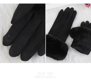 Women’s Warm Faux Suede Leather Touch Screen Gloves With Faux Rabbit Fur Trim And Velvet Lining