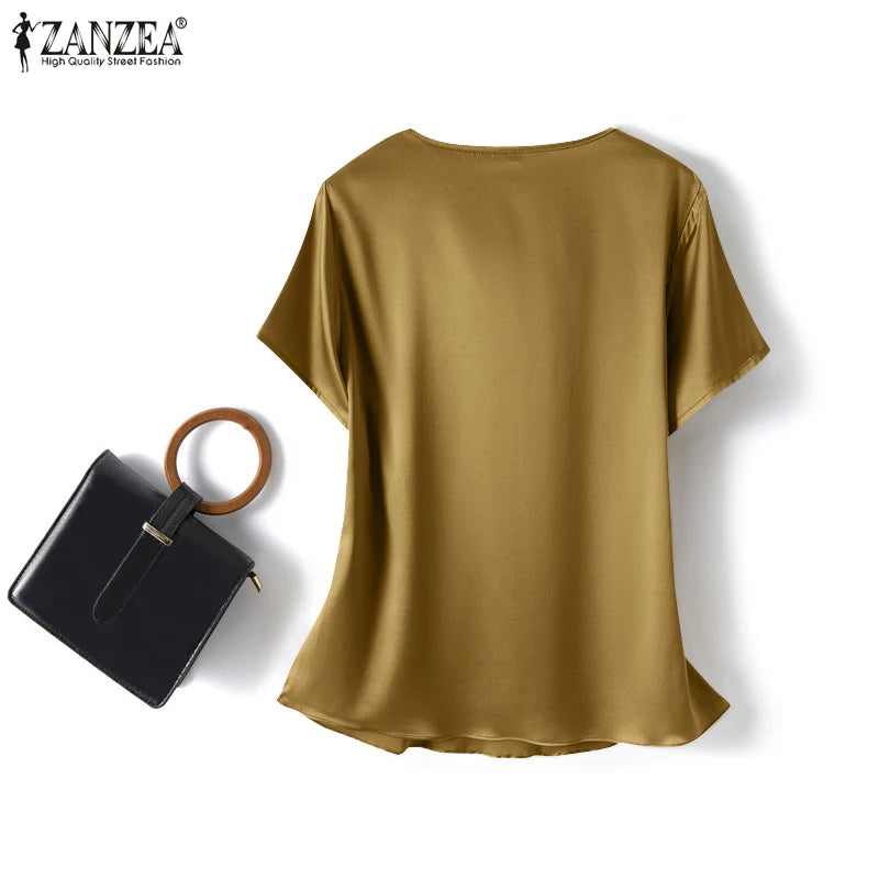 Plus Size Women Short Sleeve Solid Shirt Fashionable Satin Blouse Female Casual Office Lady Work Tunic Tops Elegant Loose Blouse