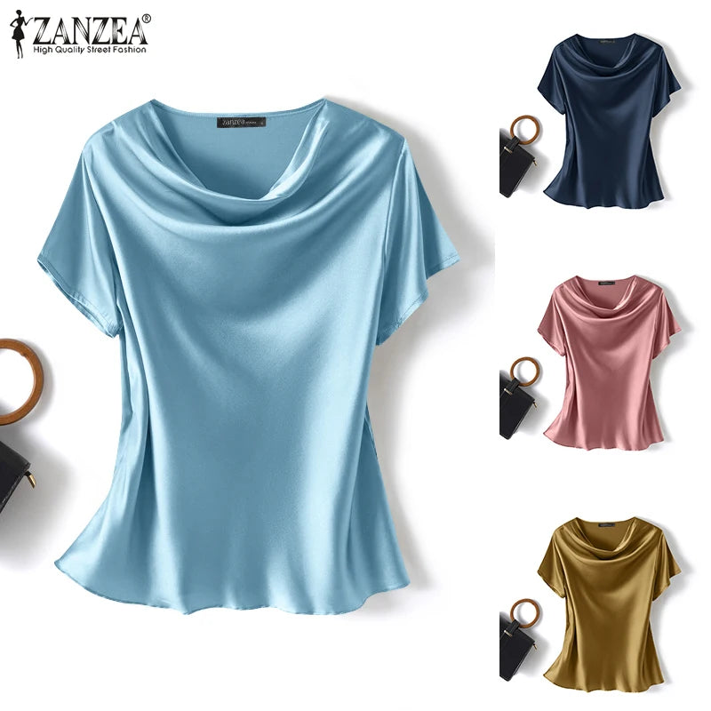 Plus Size Women Short Sleeve Solid Shirt Fashionable Satin Blouse Female Casual Office Lady Work Tunic Tops Elegant Loose Blouse