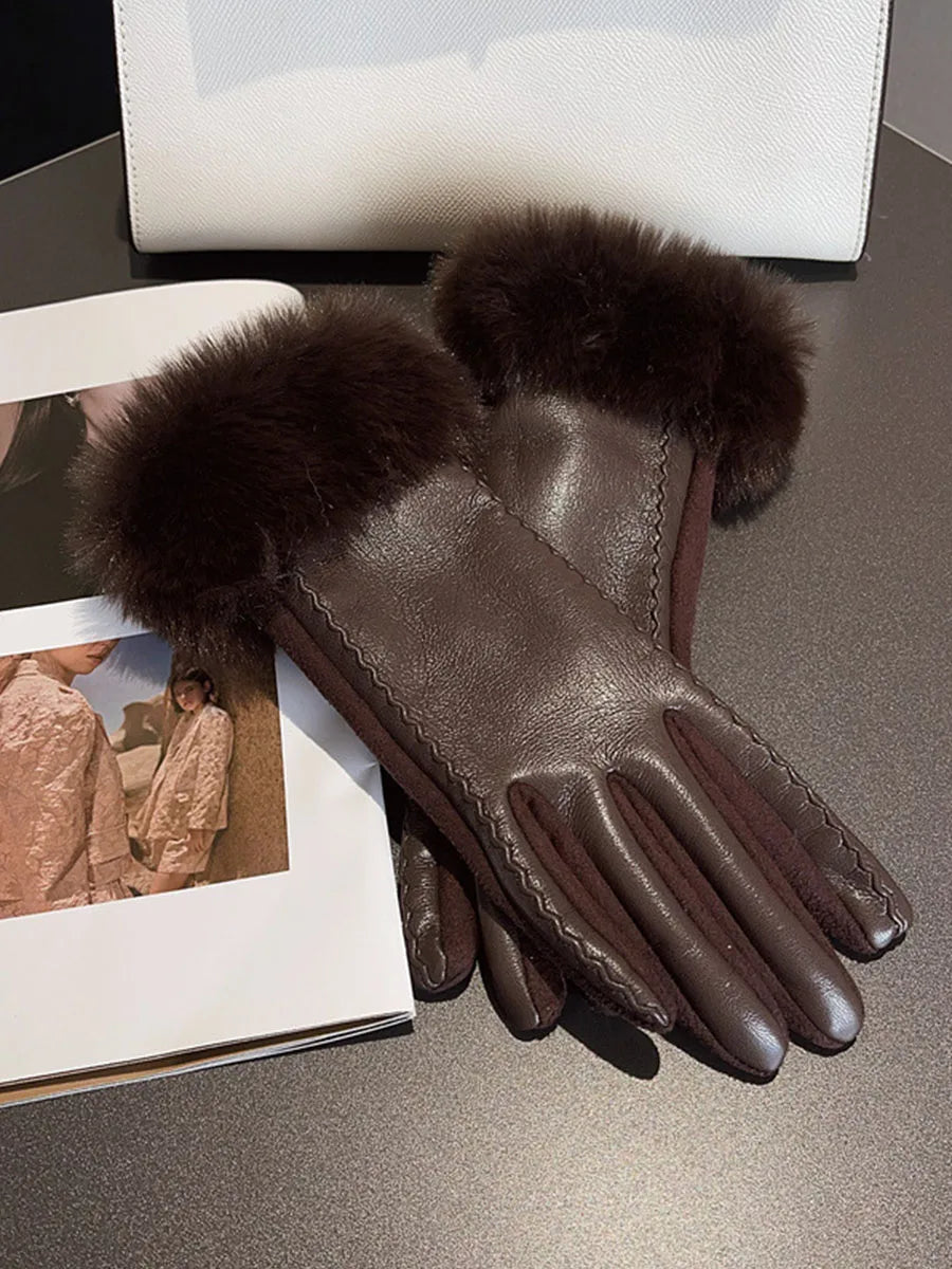 Womens PU Leather Gloves for Cold Weather Winter Warm Gloves with Faux Fur Trim Cuff Thermal Lining Party Gloves