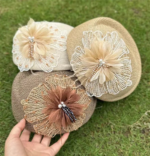 chic summer grace Beaded lace flowers grass beret hat Vintage Versatile women Leisure painter cap - Pretty Miss Plus