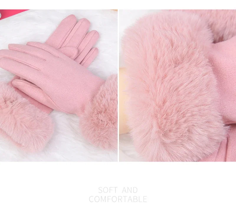 Women’s Warm Faux Suede Leather Touch Screen Gloves With Faux Rabbit Fur Trim And Velvet Lining