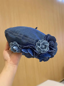 Women’s Soft Cotton Denim Flower Beret Designer Style High Street Leisure Octagonal Cap - Pretty Miss Plus