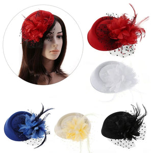 Womens Fascinator Hat Topper Mesh Veil Flower Feather Pearl Beaded Decor Hair Clips Wedding Bridal Cocktail Headwear