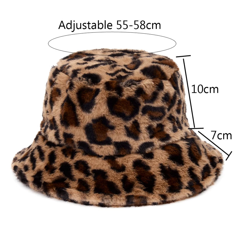 Women’s Leopard Print Adjustable Plush Fur Bucket Hat