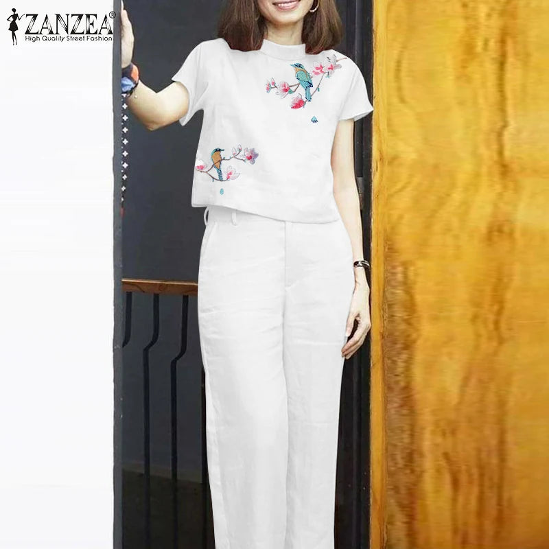 Summer Floral Embroidery Trousers Suits 2PCS Women Short Sleeve Blouse Pants Sets Work Outifits