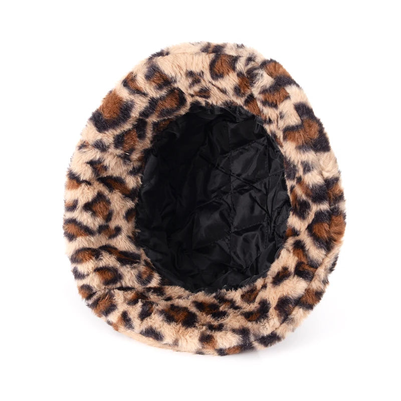 Women’s Leopard Print Adjustable Plush Fur Bucket Hat