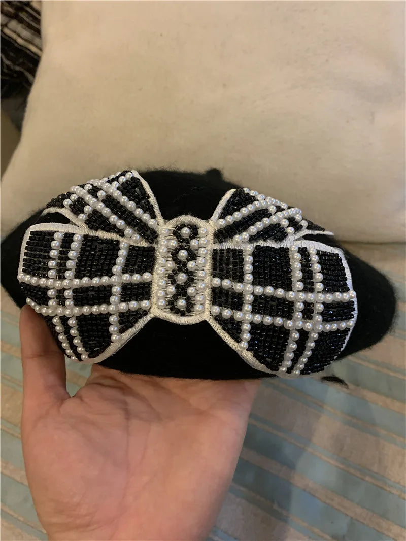 Chic Designer Black & White Pearl Beaded Bowknot Lady Beret Cap - Pretty Miss Plus