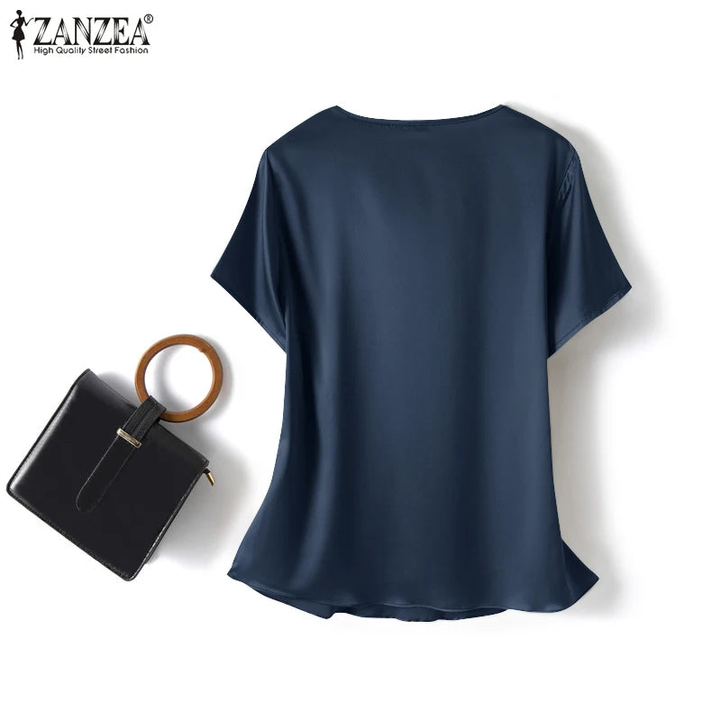 Plus Size Women Short Sleeve Solid Shirt Fashionable Satin Blouse Female Casual Office Lady Work Tunic Tops Elegant Loose Blouse