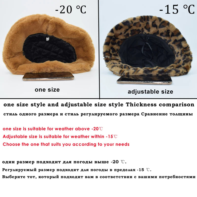 Fashionable Women’s Leopard Print Adjustable Plush Fur Bucket Hat