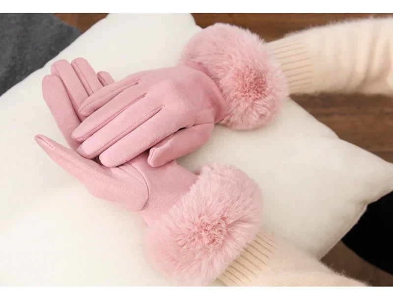 Women’s Warm Faux Suede Leather Touch Screen Gloves With Faux Rabbit Fur Trim And Velvet Lining