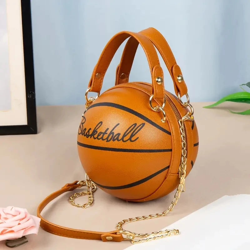 Sporty Basketball Shaped Leather Handbag with Chain Link Shoulder Strap - Pretty Miss Plus