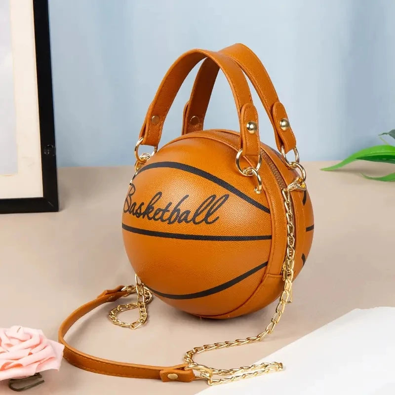Sporty Basketball Shaped Leather Handbag with Chain Link Shoulder Strap