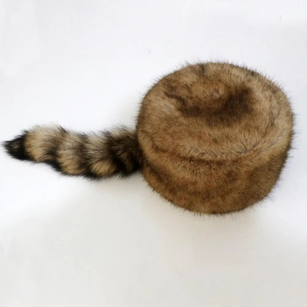 Playful Faux Raccoon Fur Cap Decor Heat Retention Cossack Windproof Anti-slip Elastic Flat Top No Brim Washable Cap