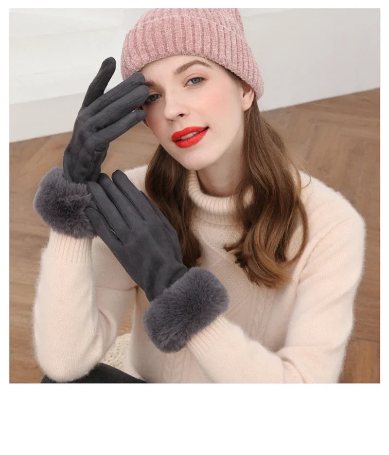 Women’s Warm Faux Suede Leather Touch Screen Gloves With Faux Rabbit Fur Trim And Velvet Lining