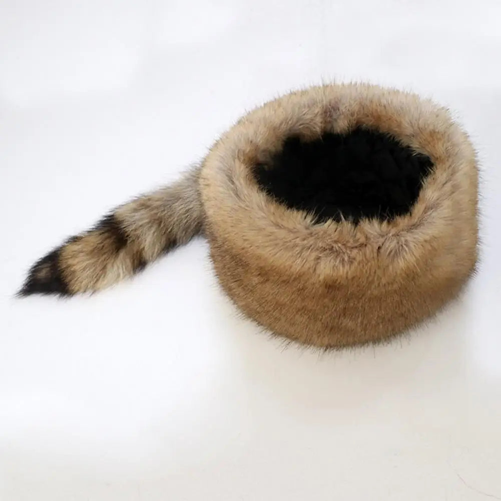 Playful Faux Raccoon Fur Cap Decor Heat Retention Cossack Windproof Anti-slip Elastic Flat Top No Brim Washable Cap