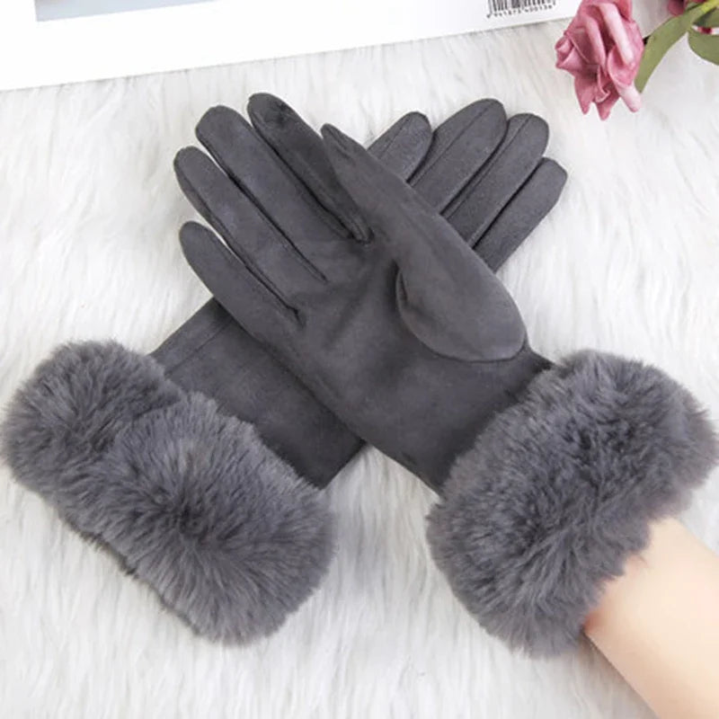 Women’s Warm Faux Suede Leather Touch Screen Gloves With Faux Rabbit Fur Trim And Velvet Lining