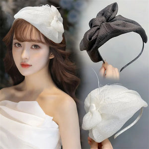 Chic Bow Hat Headband elegant feather gauze material - Pretty Miss Plus