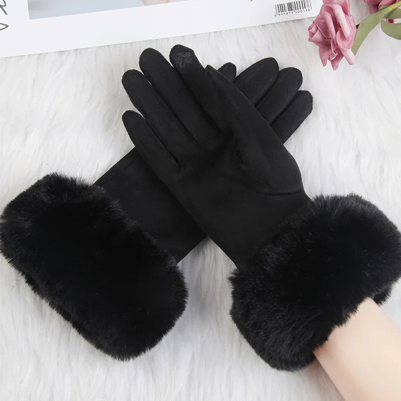 Women’s Warm Faux Suede Leather Touch Screen Gloves With Faux Rabbit Fur Trim And Velvet Lining