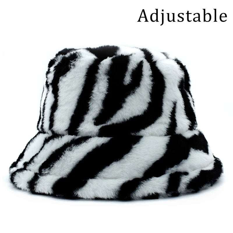 Women’s Leopard Print Adjustable Plush Fur Bucket Hat