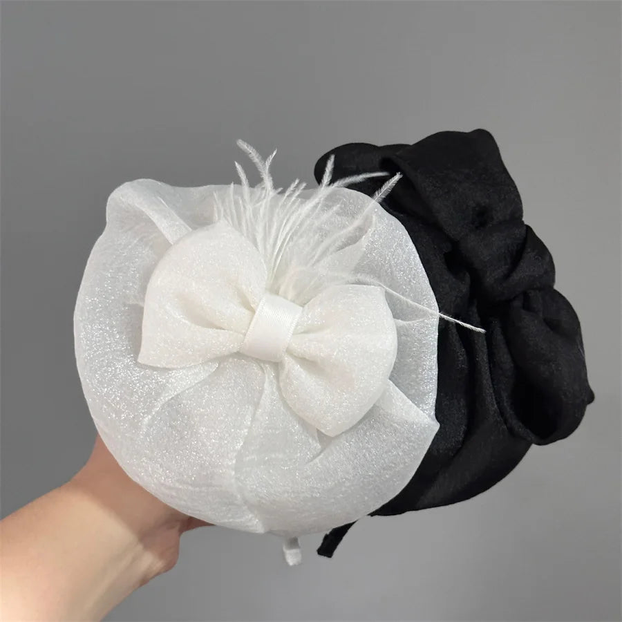 Chic Bow Hat Headband elegant feather gauze material - Pretty Miss Plus