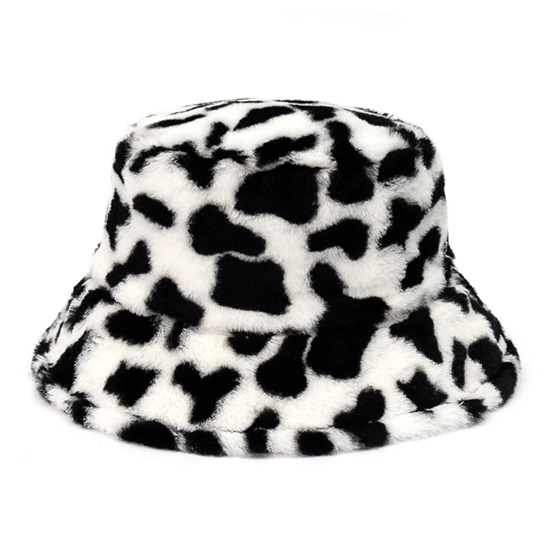 Women’s Leopard Print Adjustable Plush Fur Bucket Hat