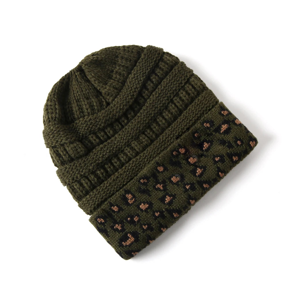 Leopard Trim Beanie Hat