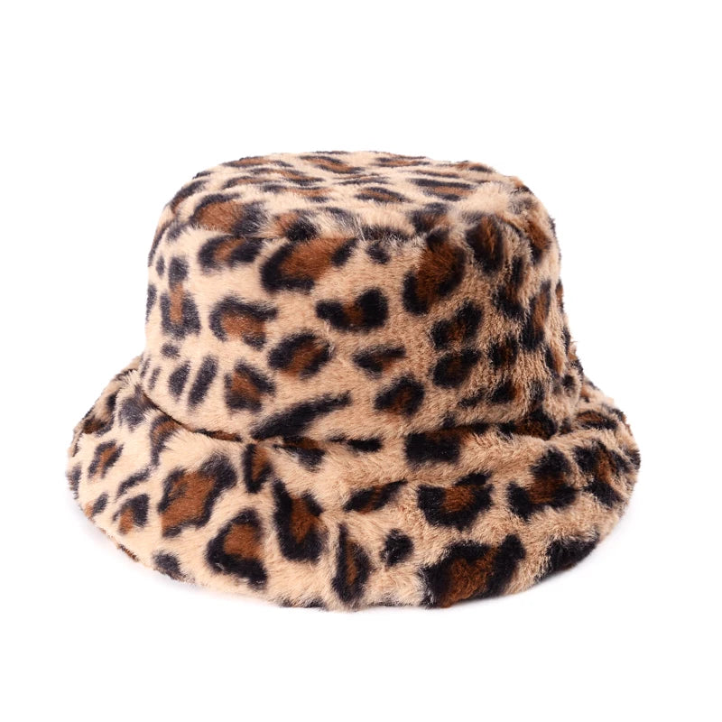 Fashionable Women’s Leopard Print Adjustable Plush Fur Bucket Hat