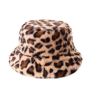 Fashionable Women’s Leopard Print Adjustable Plush Fur Bucket Hat