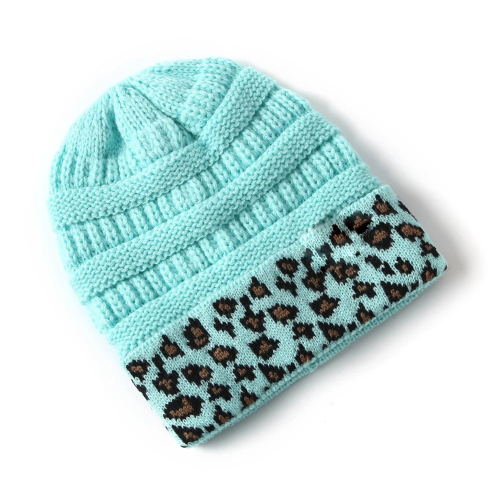 Leopard Trim Beanie Stretch Knitted Crochet In 10 Colors Winter Hats For Women Warm