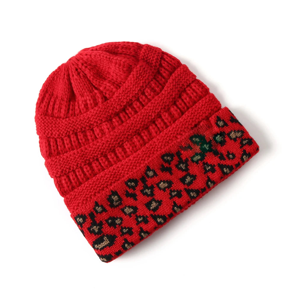 Leopard Trim Beanie Stretch Knitted Crochet In 10 Colors Winter Hats For Women Warm