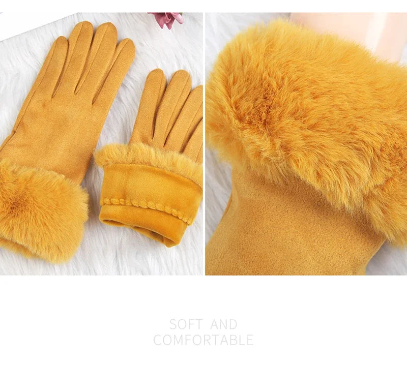 Women’s Warm Faux Suede Leather Touch Screen Gloves With Faux Rabbit Fur Trim And Velvet Lining