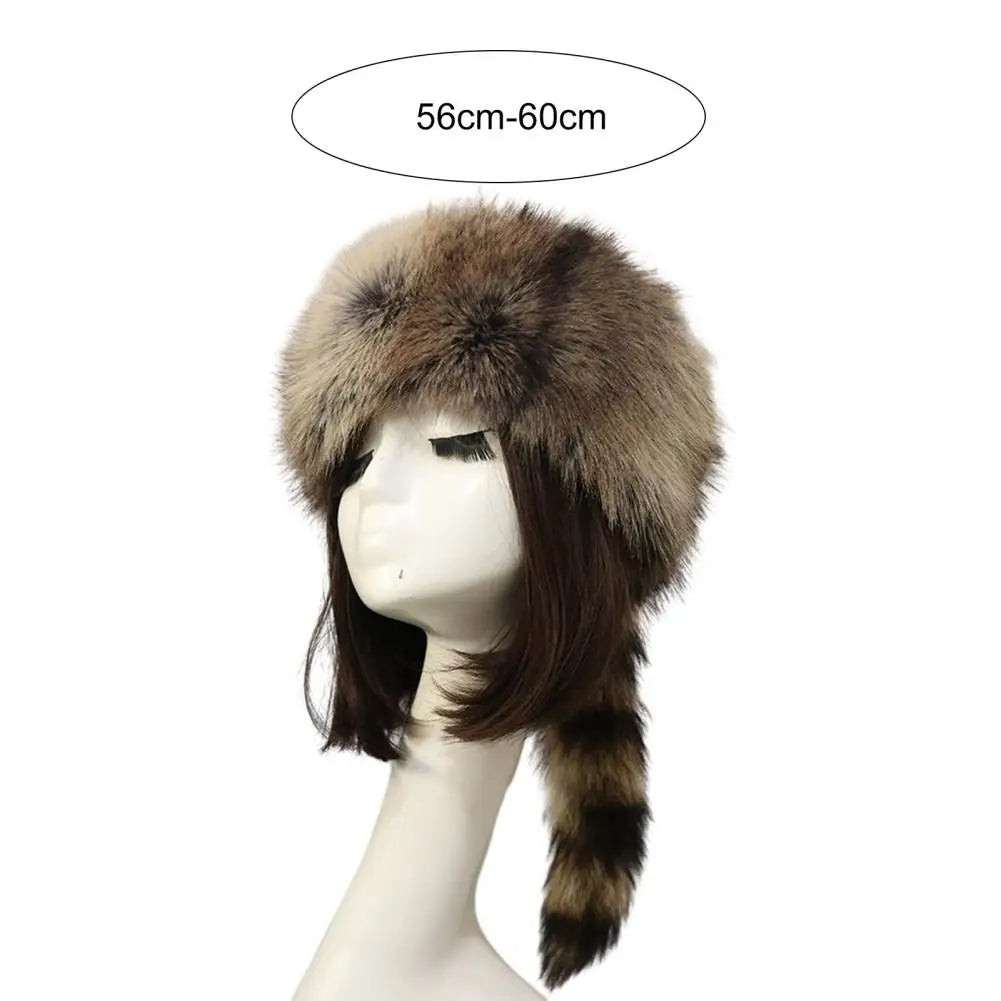 Playful Faux Raccoon Fur Cap Decor Heat Retention Cossack Windproof Anti-slip Elastic Flat Top No Brim Washable Cap