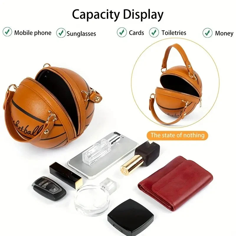 Sporty Basketball Shaped Leather Handbag with Chain Link Shoulder Strap - Pretty Miss Plus