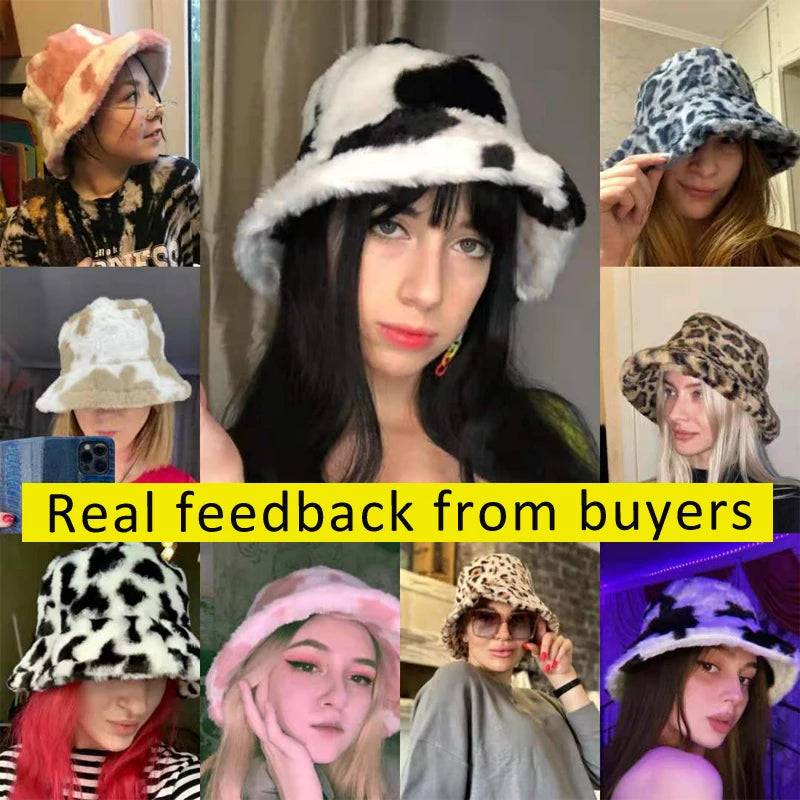 Fashionable Women’s Leopard Print Adjustable Plush Fur Bucket Hat