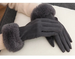 Women’s Warm Faux Suede Leather Touch Screen Gloves With Faux Rabbit Fur Trim And Velvet Lining