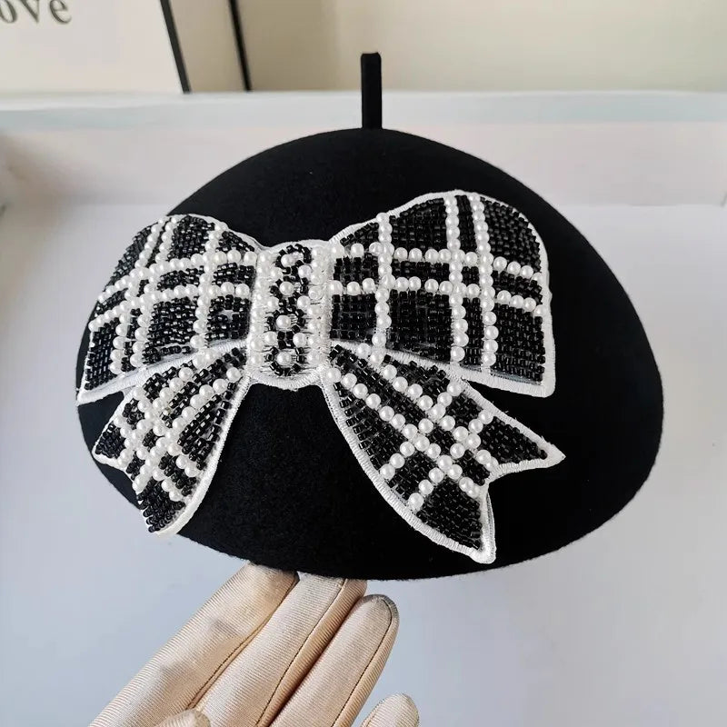 Chic Designer Black & White Pearl Beaded Bowknot Lady Beret Cap - Pretty Miss Plus