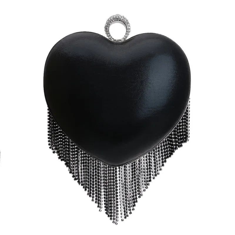Tassel Women Evening Bags Diamonds Heart Design Fashion Rhinestones Day Clutch One Side Handle Handbags Purse