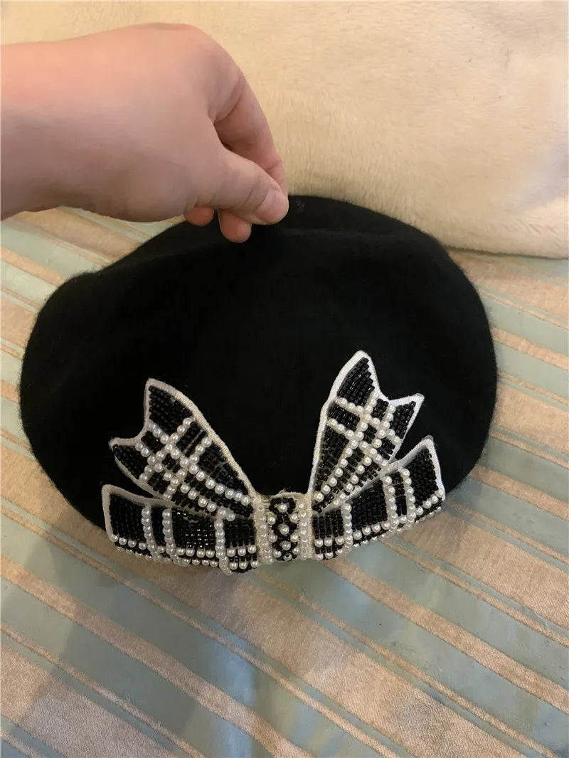 Chic Designer Black & White Pearl Beaded Bowknot Lady Beret Cap - Pretty Miss Plus