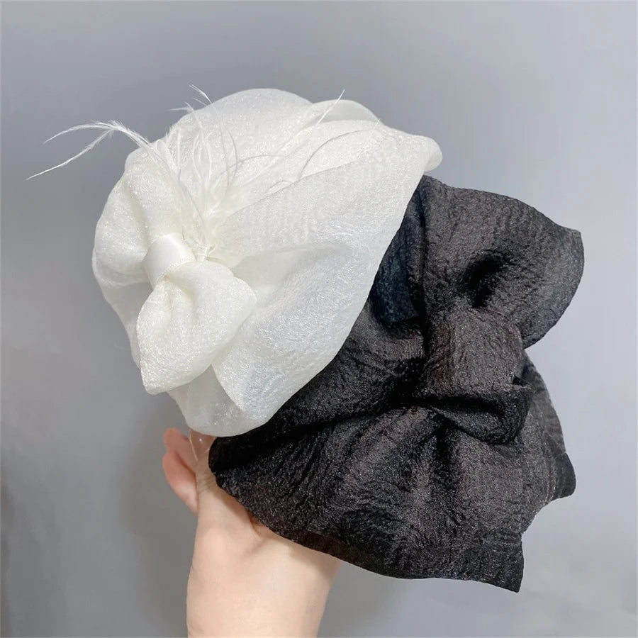 Chic Bow Hat Headband elegant feather gauze material - Pretty Miss Plus