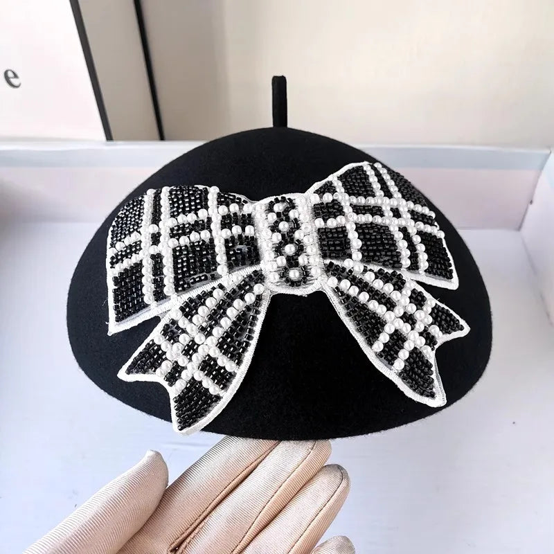 Chic Designer Black & White Pearl Beaded Bowknot Lady Beret Cap - Pretty Miss Plus