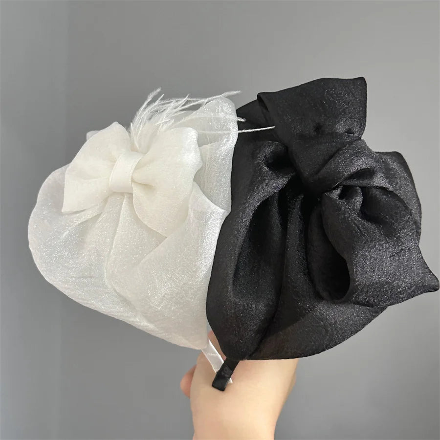 Chic Bow Hat Headband elegant feather gauze material - Pretty Miss Plus