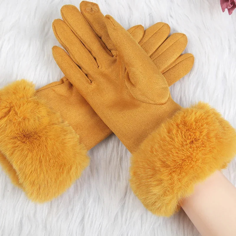 Women’s Warm Faux Suede Leather Touch Screen Gloves With Faux Rabbit Fur Trim And Velvet Lining