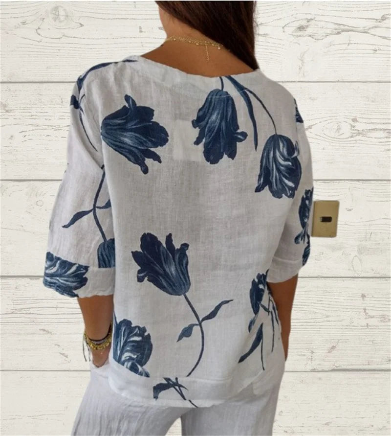 Women Elegant Flower Print Shirt Summer Three Button Decoration Small V Neck Blouse Female Cotton Linen Comfortable Casual Tops