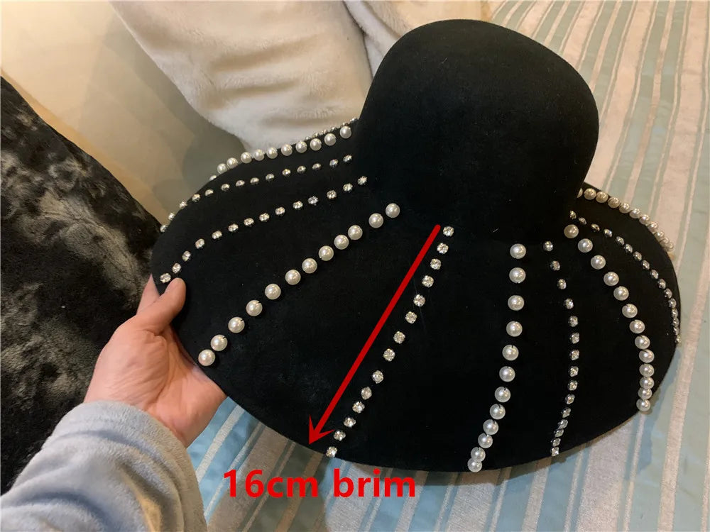 Women’s Wide Brim Wool Hat Hand Sewn Luxury Pearls and/or Shiny Nailhead Trim Leisure Lady Bucket Cap Women Hat - Pretty Miss Plus