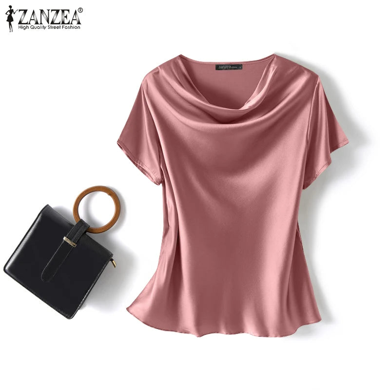 Plus Size Women Short Sleeve Solid Shirt Fashionable Satin Blouse Female Casual Office Lady Work Tunic Tops Elegant Loose Blouse