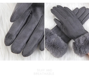 Women’s Warm Faux Suede Leather Touch Screen Gloves With Faux Rabbit Fur Trim And Velvet Lining