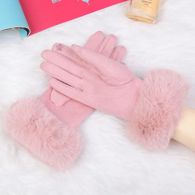 Women’s Warm Faux Suede Leather Touch Screen Gloves With Faux Rabbit Fur Trim And Velvet Lining