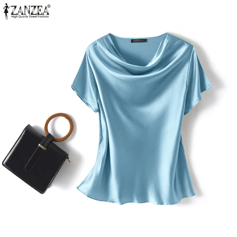 Plus Size Women Short Sleeve Solid Shirt Fashionable Satin Blouse Female Casual Office Lady Work Tunic Tops Elegant Loose Blouse